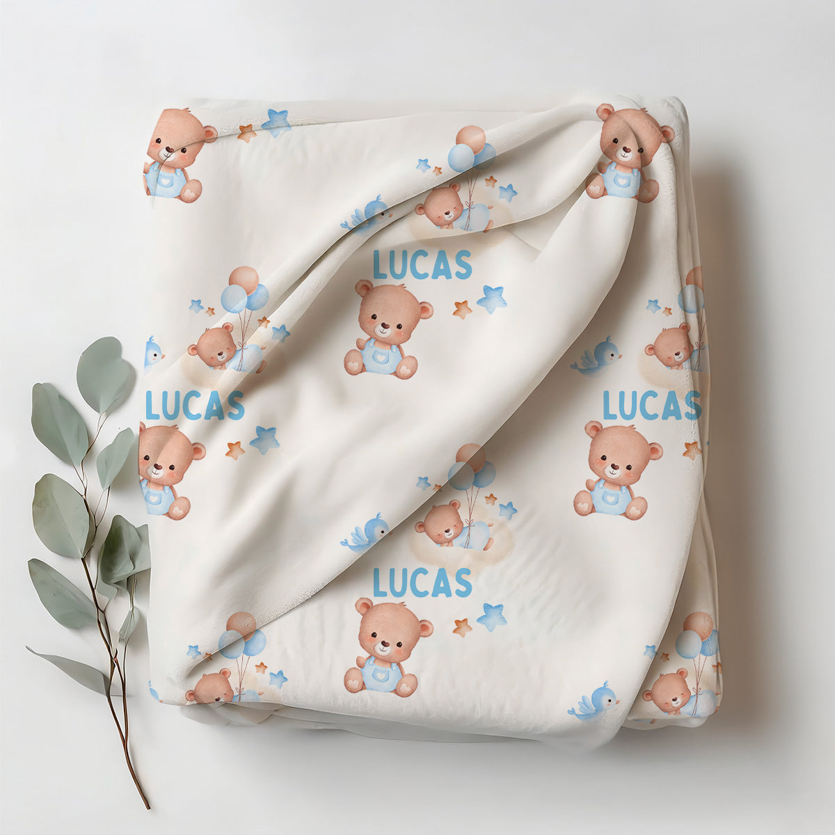 Custom Name Baby Receiving Blanket - Blue Teddy Bear