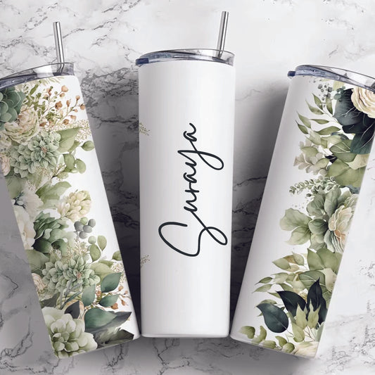 Personalised Skinny 20oz Tumbler - Sage Floral