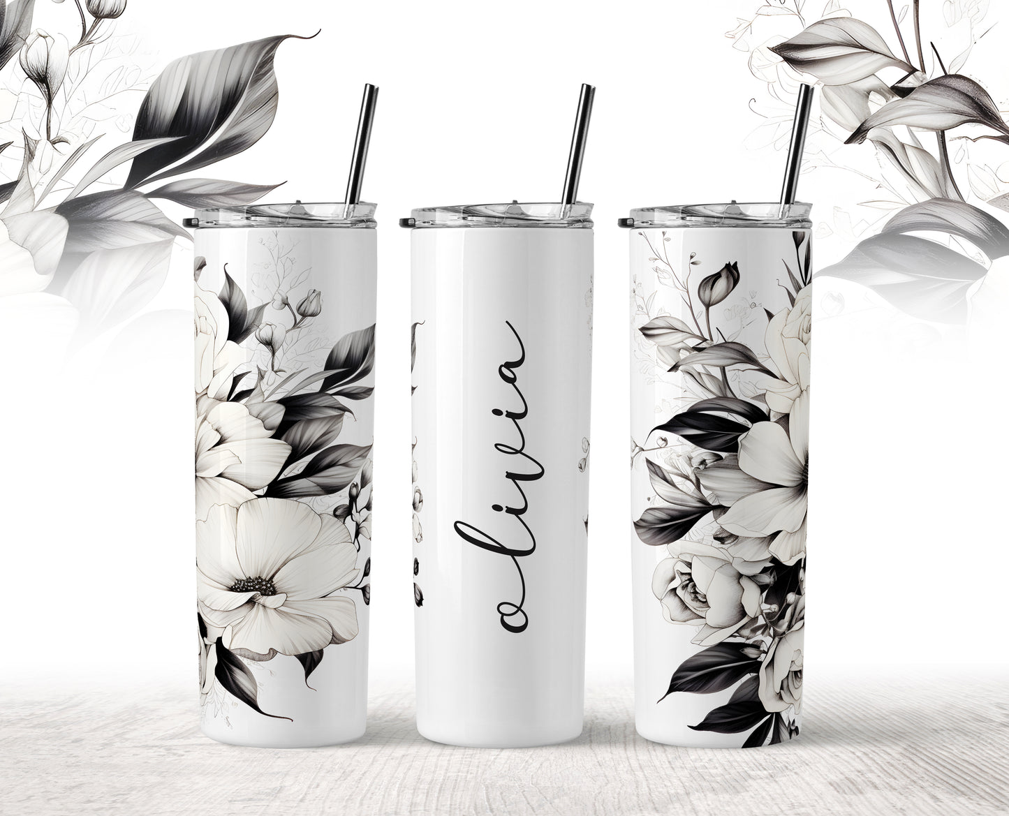 Black and White Floral Personalised Tumbler 20oz