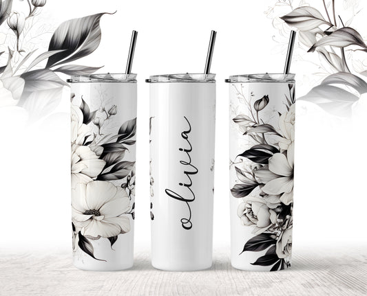 Black and White Floral Personalised Tumbler 20oz